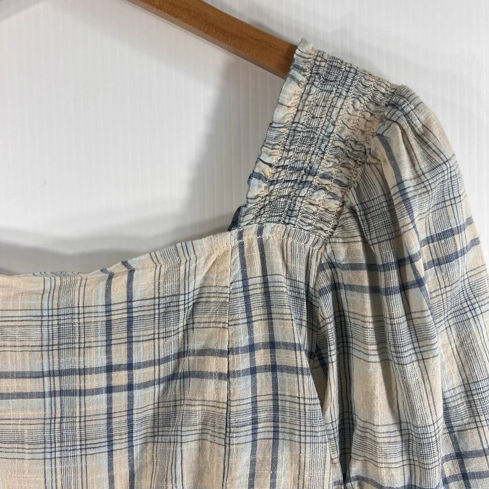 Oak + Fort Plaid Cropped Top Size M Cotton Puff Sleeve Blue Summer Western *READ